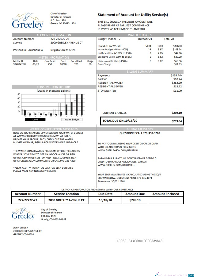 download USA Colorado City of Greeley water utility bill template in Word and PDF format PDF template
